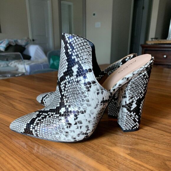 Aldo heeled mule, vegan python, new, sz 10, 4 1/2 in heel, high vamp, blk/wht - Picture 1 of 15